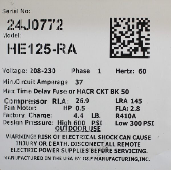 Gulfstream HE125RA Electric Pool Heater Model Label Tag